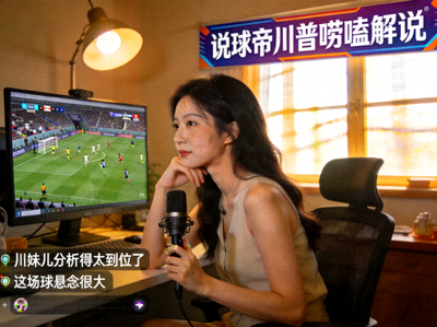 说球帝川普唠嗑解说主播川妹儿看球的直播间画面